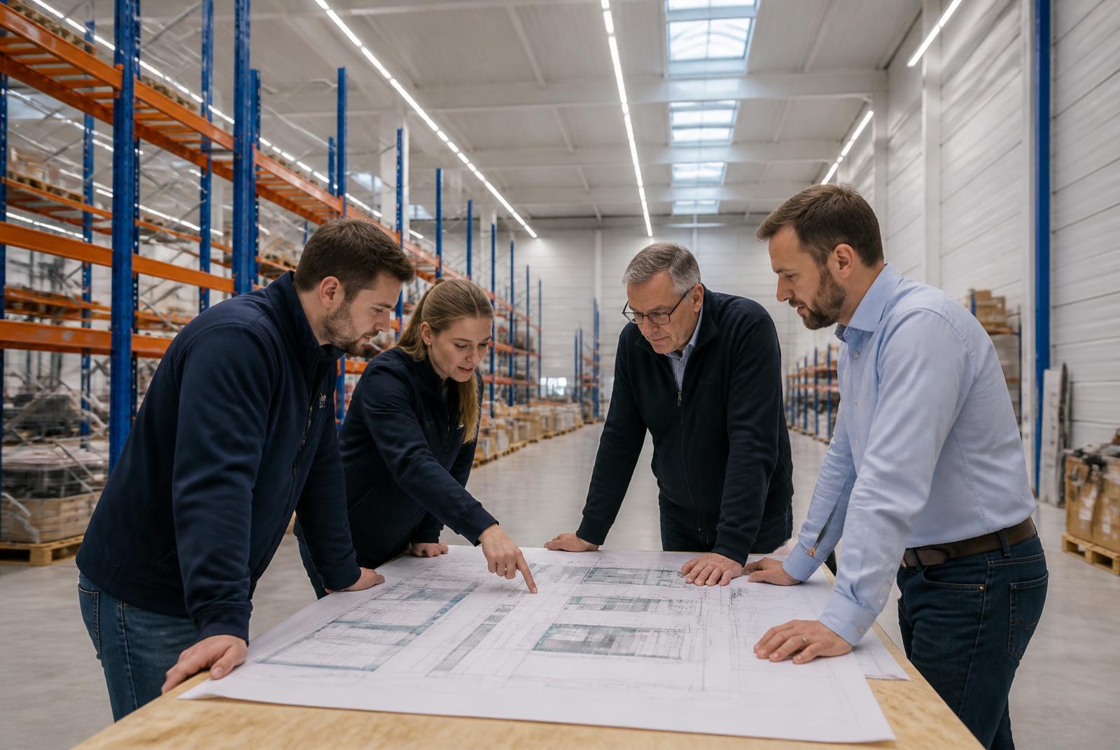 Engineers and a customer reviewing warehouse layout drawings to compare automation options