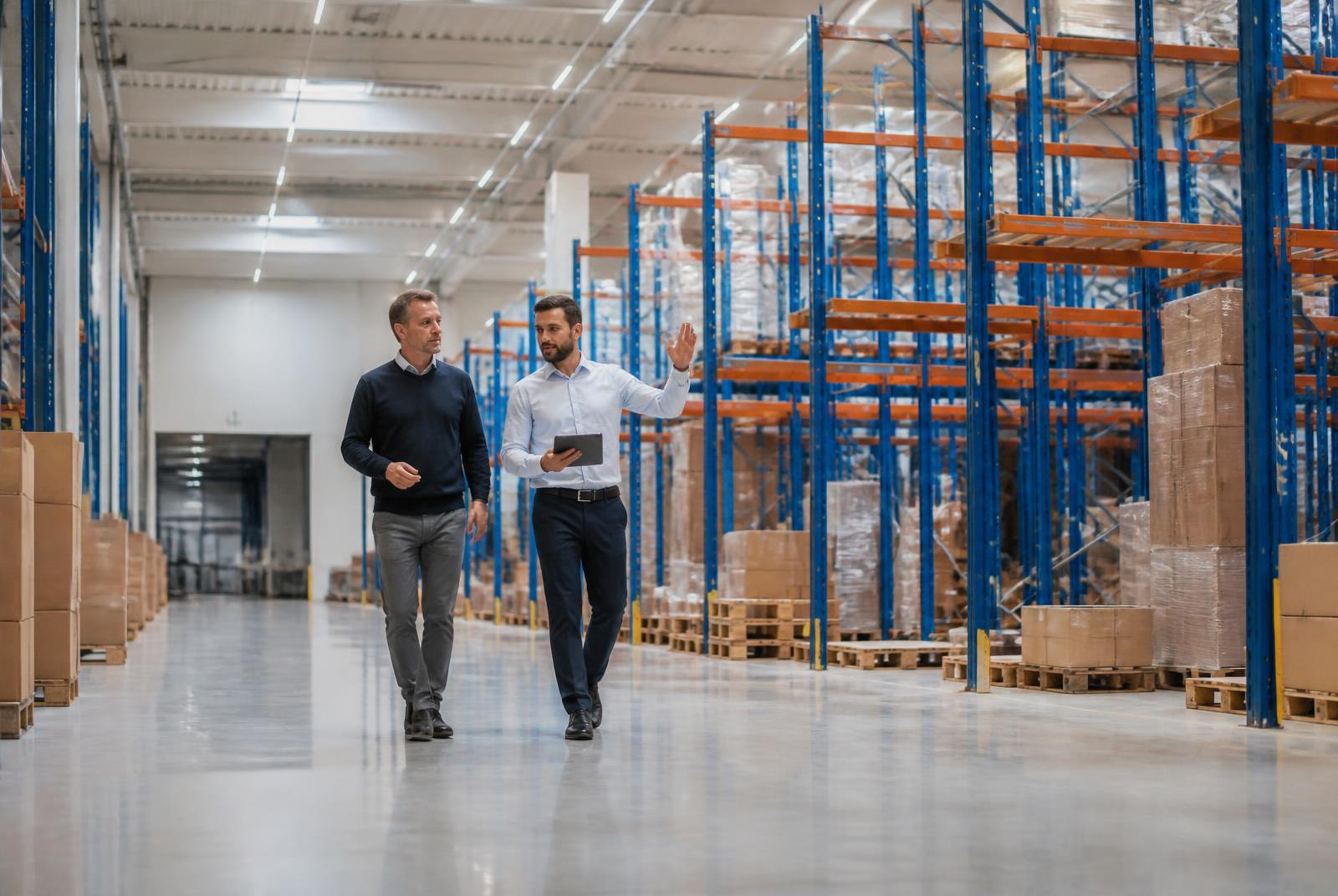 Customer and ACERTA engineer walking a warehouse aisle together discussing future improvements