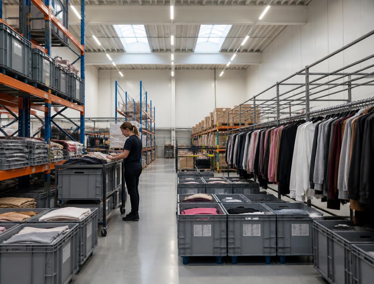 Retail fulfilment area with garment rails and apparel totes prepared for store replenishment