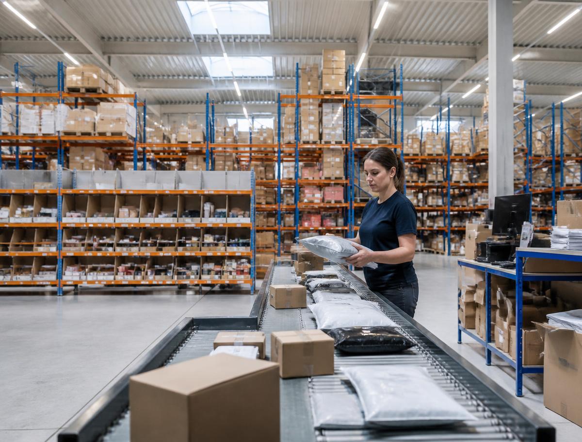 eCommerce parcel fulfilment with mixed cartons and satchels moving to dispatch