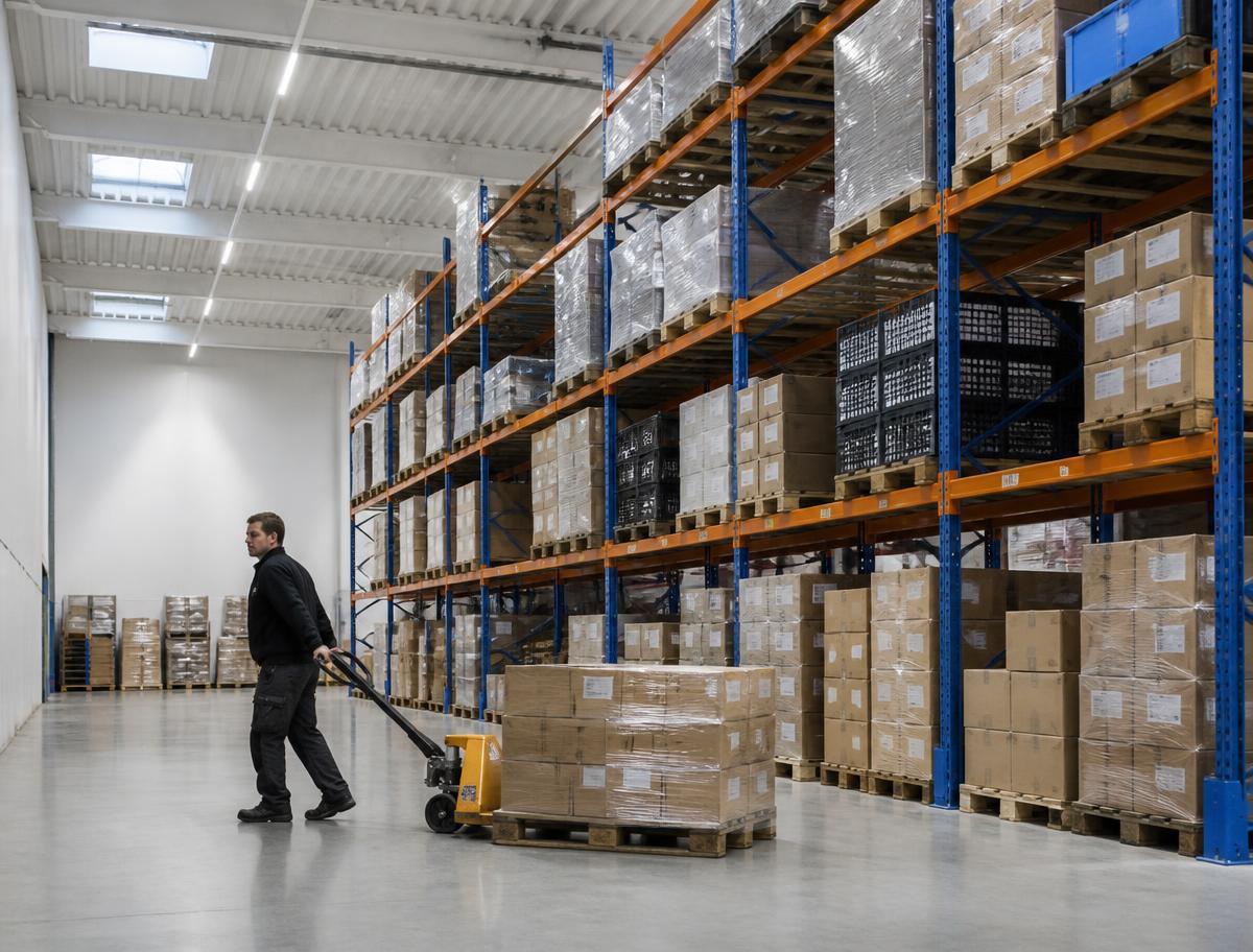 Third-party logistics racking holding mixed customer inventory and palletised goods