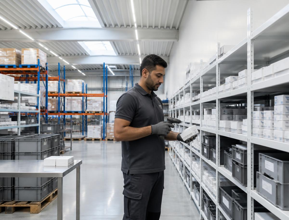 Operator scanning a carton in a clean, controlled healthcare storage area