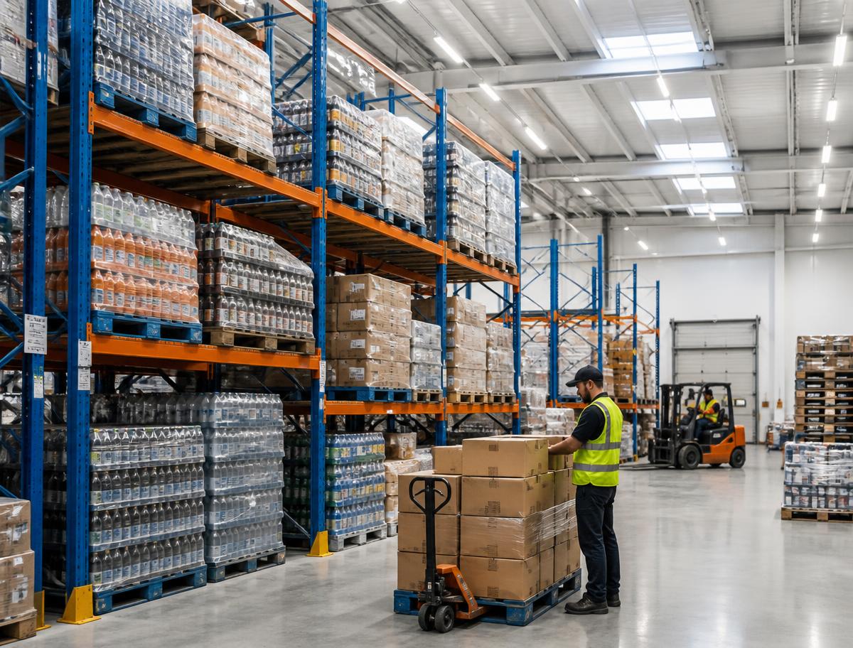 Food and beverage cartons and shrink-wrapped pallets in warehouse racking