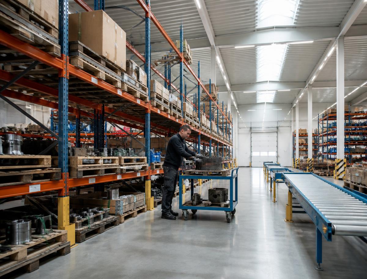 Industrial spare parts and heavy components stored on long-span warehouse shelving