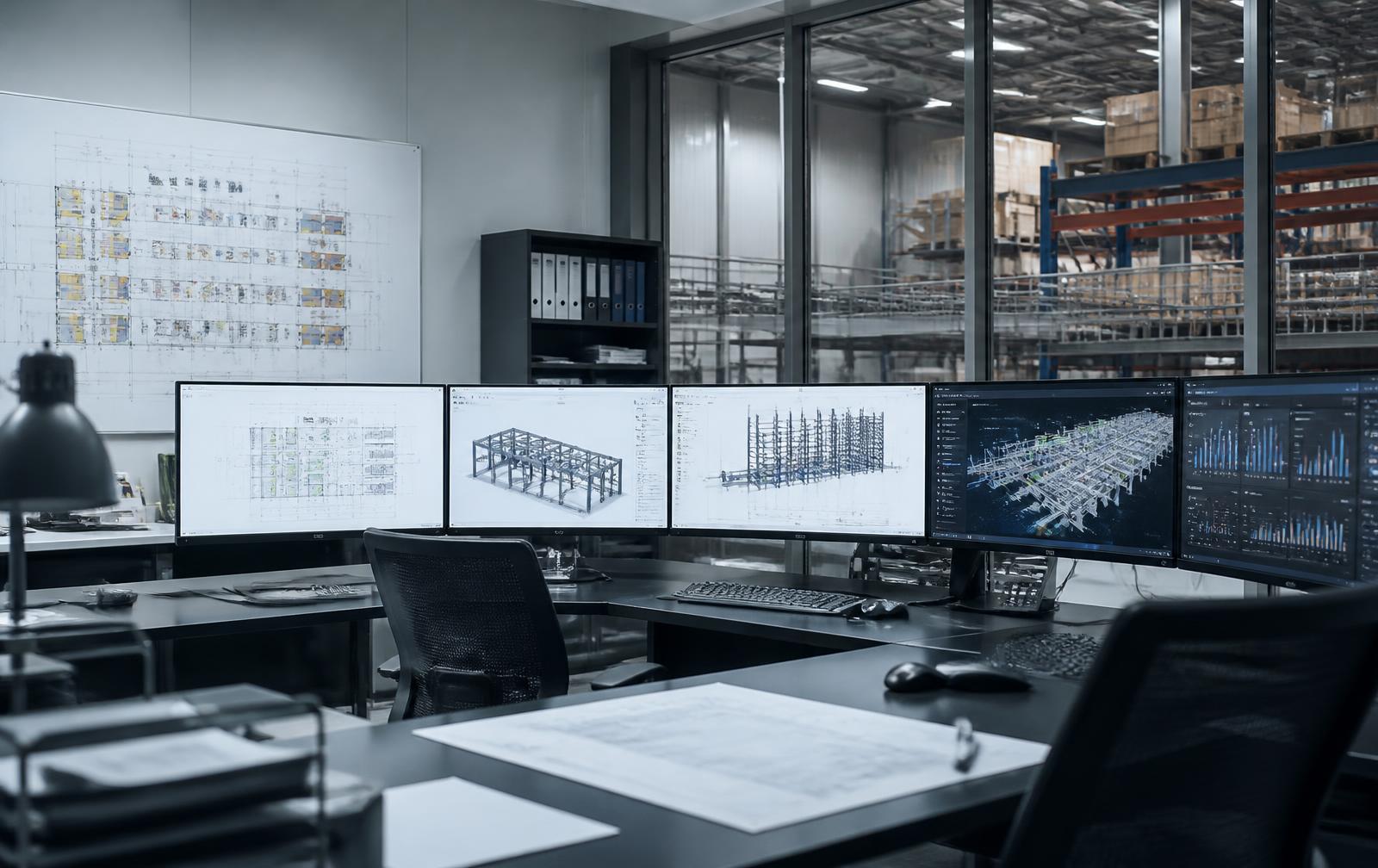 Engineering planning workstation showing warehouse CAD layouts, automation simulation models and control-system dashboards