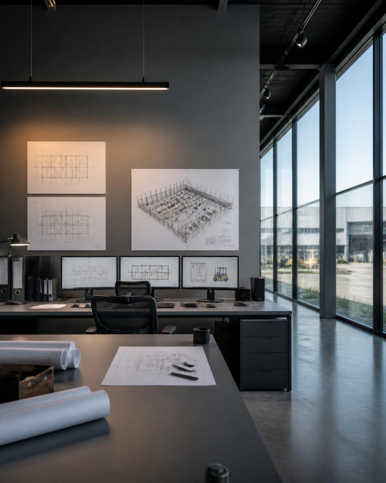 Premium engineering office with warehouse layout drawings and design workstations