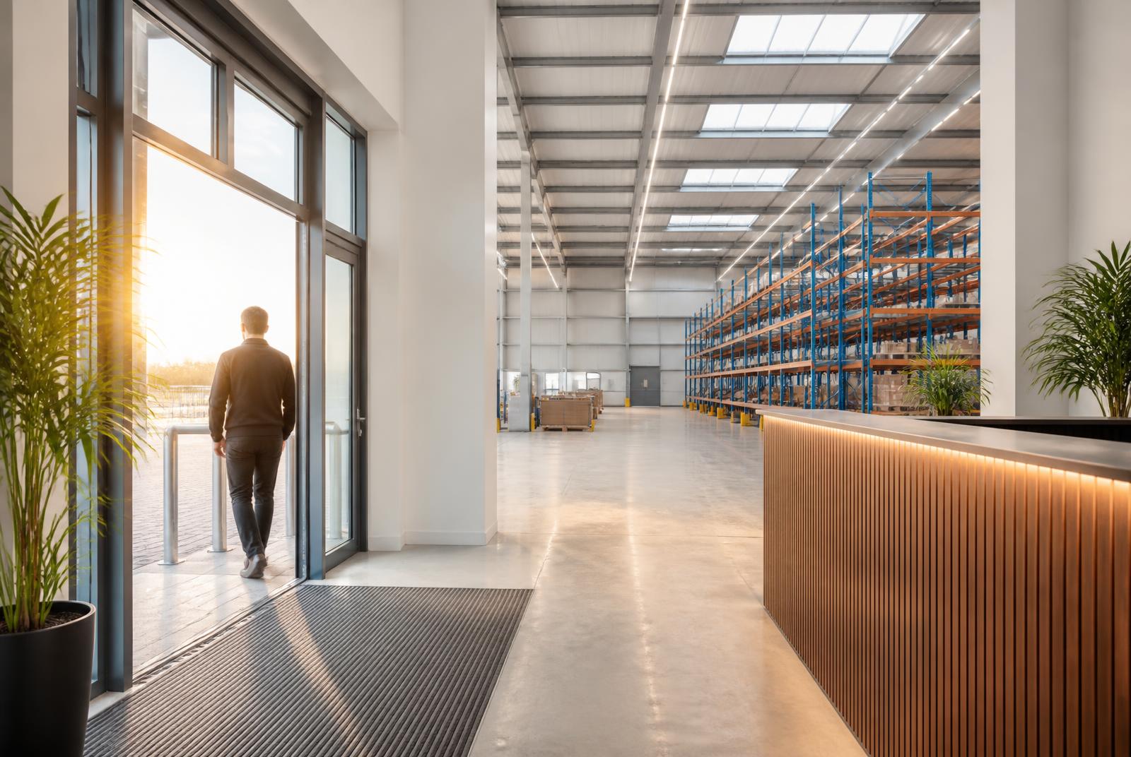 Bright, welcoming entrance of a modern Australian warehouse in warm natural light