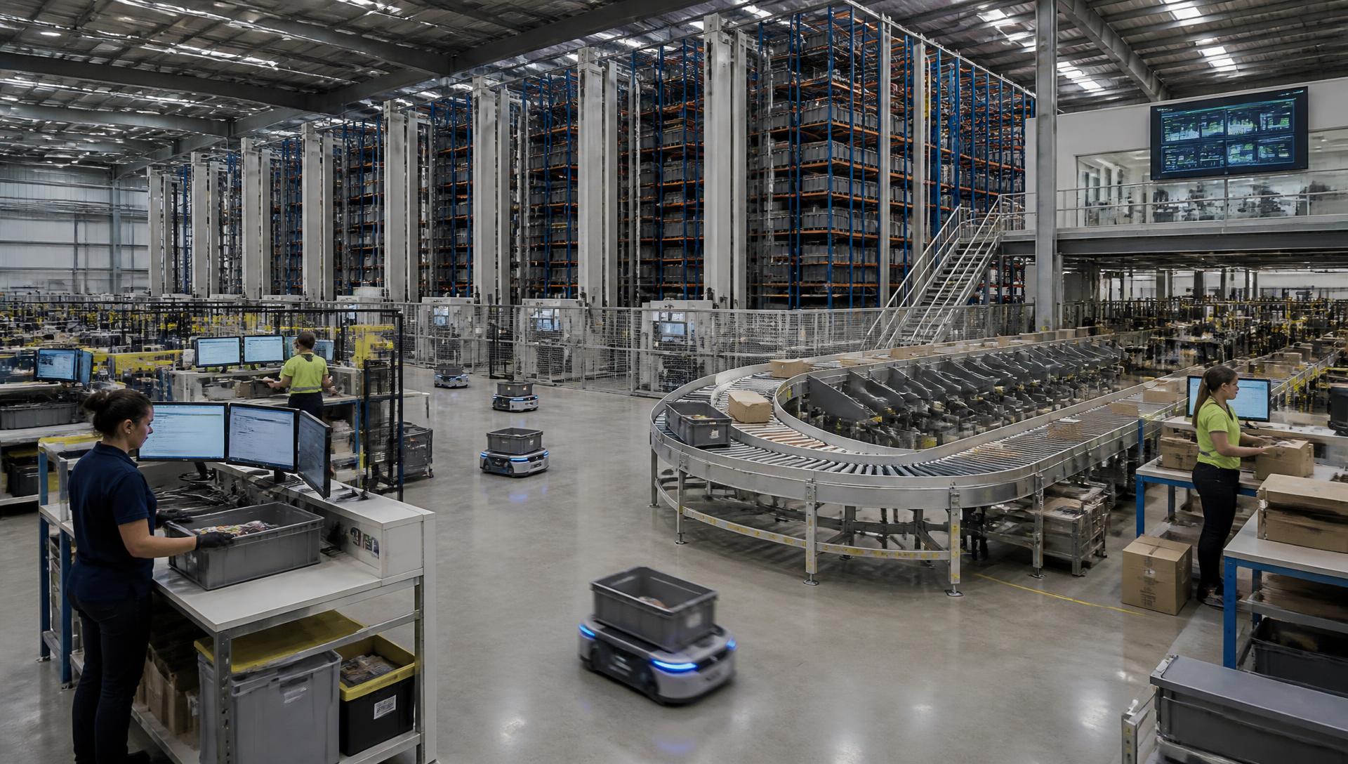 Integrated automated warehouse showing goods-to-person stations, mobile robots, sortation, conveyors, high-bay shuttle storage, packing benches and a control dashboard in one coordinated operation